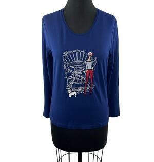 Un Jour Ailleurs French Girl Dog Blue Top Stretch Graphic Round Neck Size 2 M